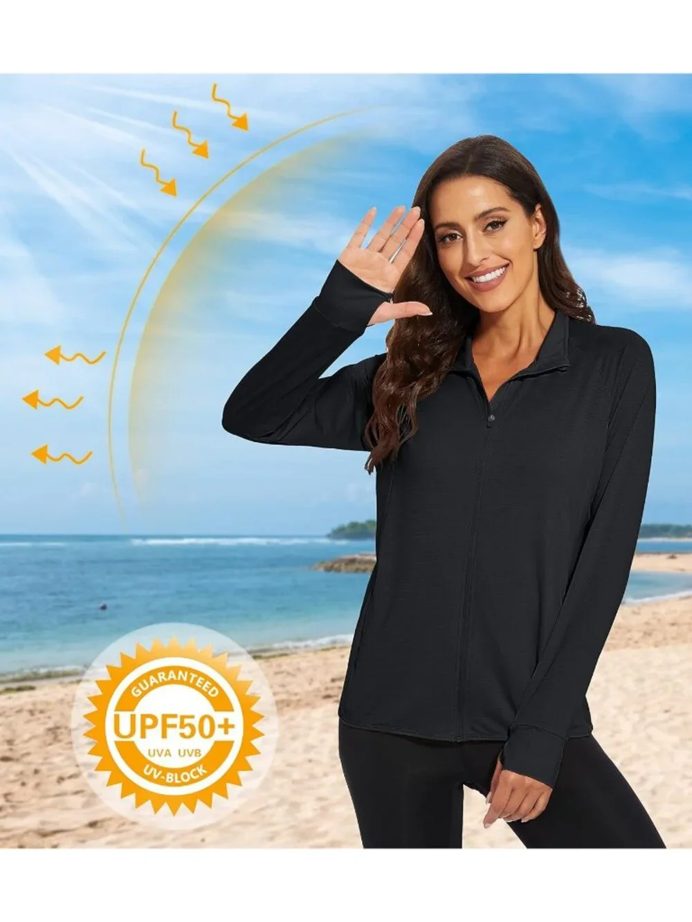 〽️Black Women's UPF 50+ Lightweight Outdoor Jacket Full Zip Athletic Sun Shirt - Picture 3 of 6